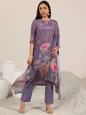 floral printed keyhole neck straight kurta with trousers & dupatta 2