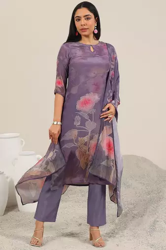 floral printed keyhole neck straight kurta with trousers & dupatta