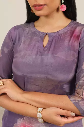 floral printed keyhole neck straight kurta with trousers & dupatta