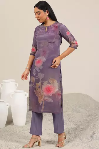 floral printed keyhole neck straight kurta with trousers & dupatta