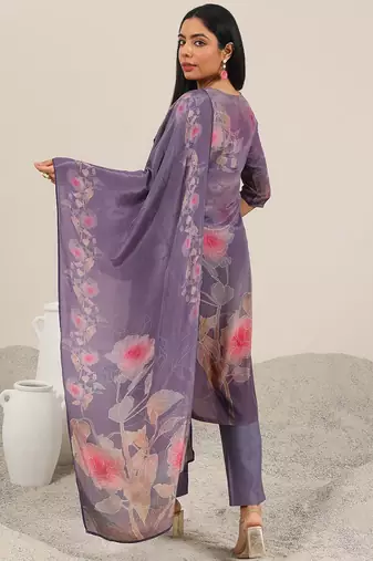 floral printed keyhole neck straight kurta with trousers & dupatta