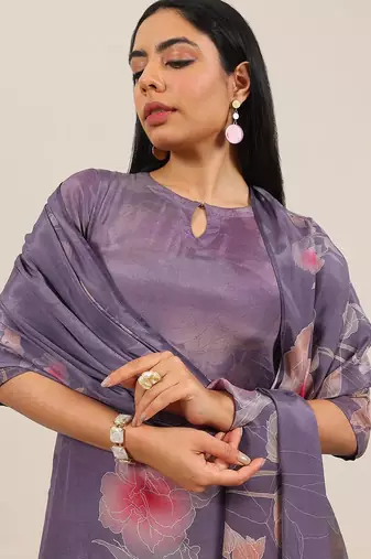 floral printed keyhole neck straight kurta with trousers & dupatta