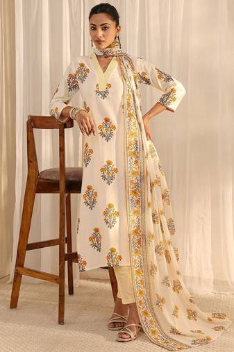 off white floral printed chanderi silk straight suit set with dupatta