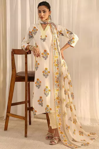 off white floral printed chanderi silk straight suit set with dupatta