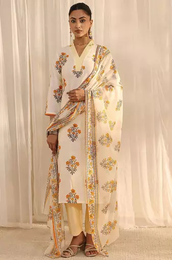 off white floral printed chanderi silk straight suit set with dupatta
