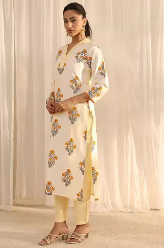 off white floral printed chanderi silk straight suit set with dupatta