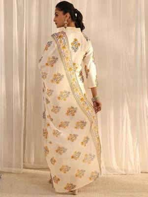off white floral printed chanderi silk straight suit set with dupatta 4