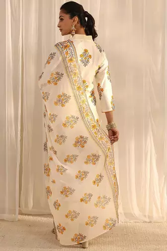 off white floral printed chanderi silk straight suit set with dupatta