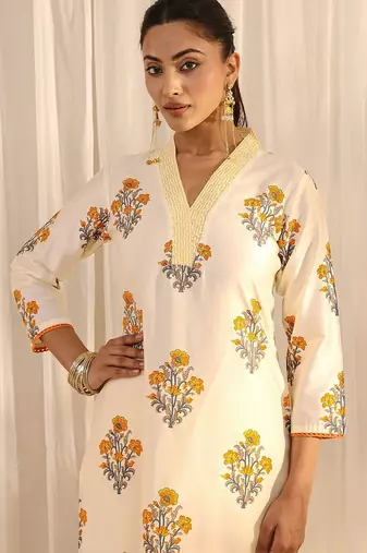 off white floral printed chanderi silk straight suit set with dupatta