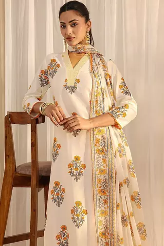 off white floral printed chanderi silk straight suit set with dupatta