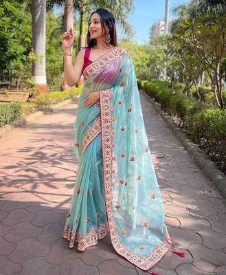 Blue floral embroidered tissue saree 1