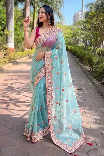 Blue floral embroidered tissue saree