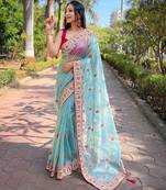 Blue floral embroidered tissue saree