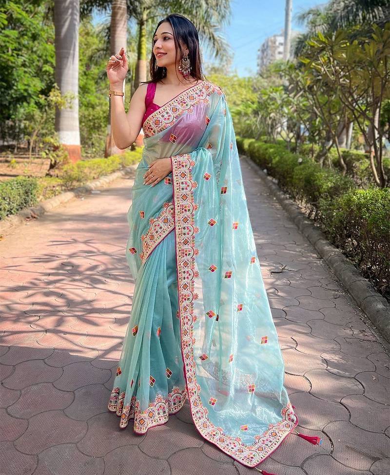 Blue floral embroidered tissue saree
