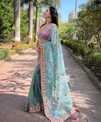 Blue floral embroidered tissue saree 2