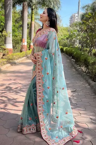 Blue floral embroidered tissue saree