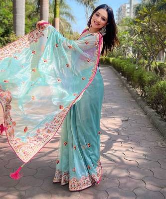 Blue floral embroidered tissue saree 3