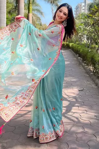 Blue floral embroidered tissue saree