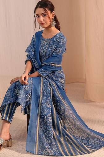women ethnic motifs printed regular kurta with trousers & with dupatta
