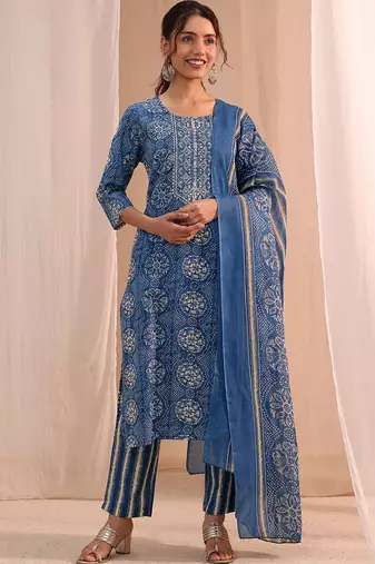 women ethnic motifs printed regular kurta with trousers & with dupatta