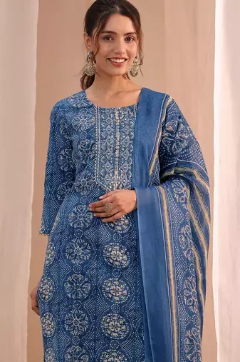 women ethnic motifs printed regular kurta with trousers & with dupatta