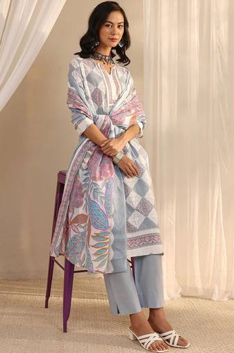 libas grey geometric printed straight suit set with dupatta
