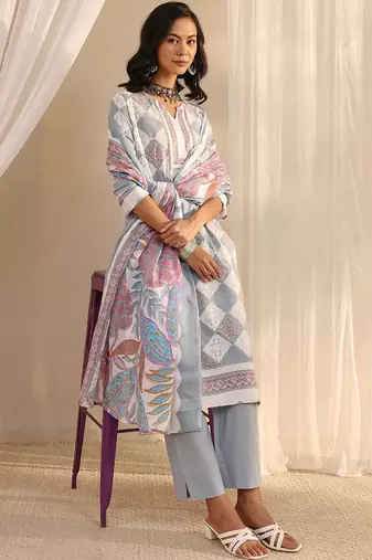 libas grey geometric printed straight suit set with dupatta