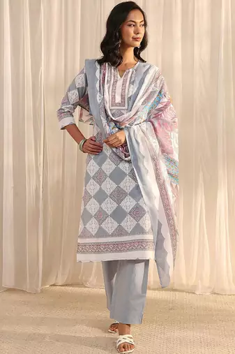 libas grey geometric printed straight suit set with dupatta