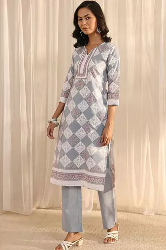 libas grey geometric printed straight suit set with dupatta