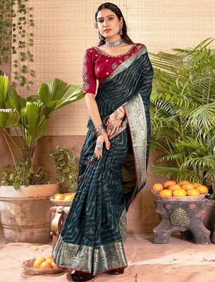 Teal geometric printed zari saree 1