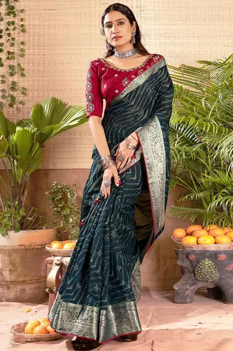 Teal geometric printed zari saree