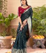 Teal geometric printed zari saree