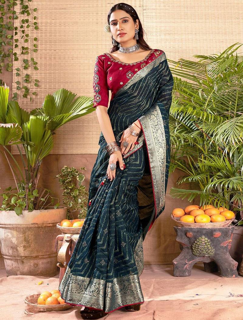 Teal geometric printed zari saree