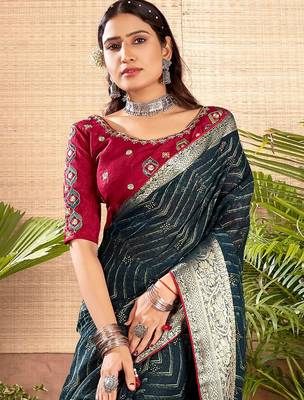 Teal geometric printed zari saree 2