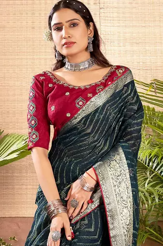 Teal geometric printed zari saree