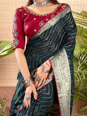 Teal geometric printed zari saree 3