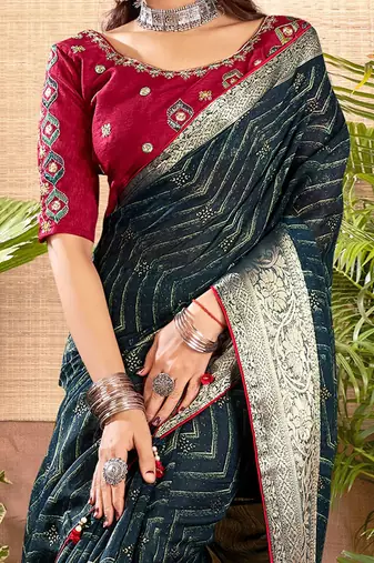 Teal geometric printed zari saree