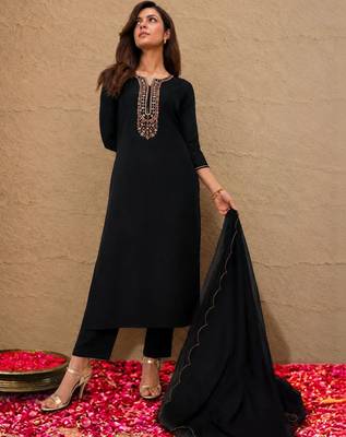libas black floral yoke design tissue straight suit set 1
