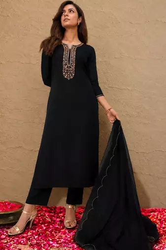 libas black floral yoke design tissue straight suit set