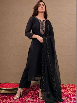 libas black floral yoke design tissue straight suit set 2
