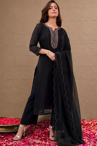 libas black floral yoke design tissue straight suit set