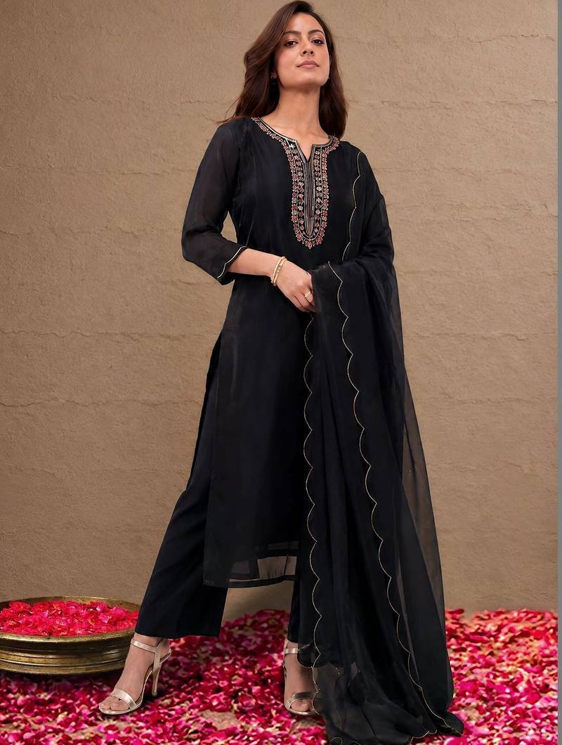 libas black floral yoke design tissue straight suit set