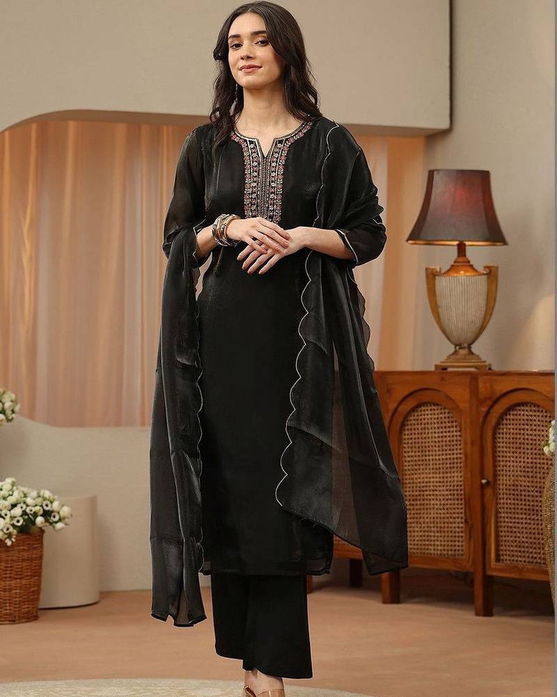 libas black floral yoke design tissue straight suit set
