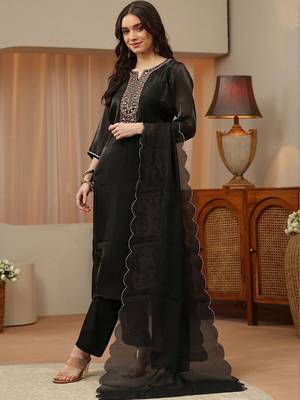libas black floral yoke design tissue straight suit set 4