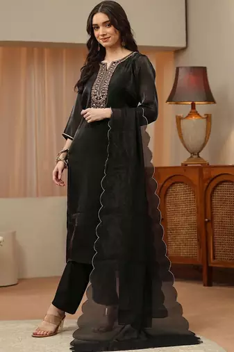 libas black floral yoke design tissue straight suit set