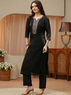 libas black floral yoke design tissue straight suit set 5