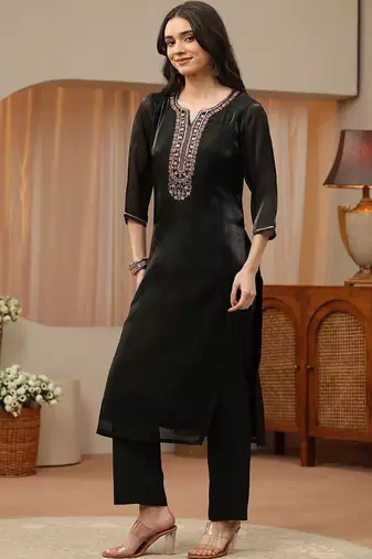 libas black floral yoke design tissue straight suit set