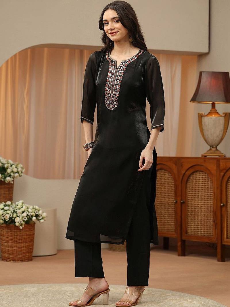 libas black floral yoke design tissue straight suit set