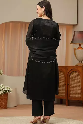 libas black floral yoke design tissue straight suit set