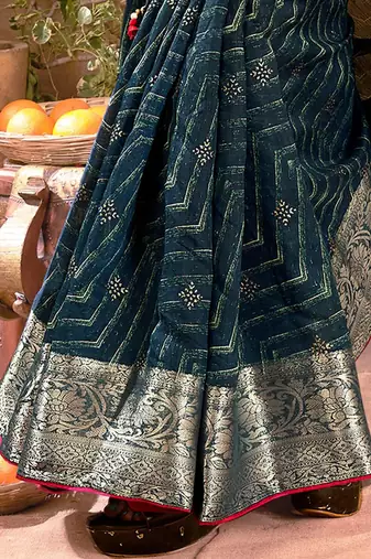 Teal geometric printed zari saree